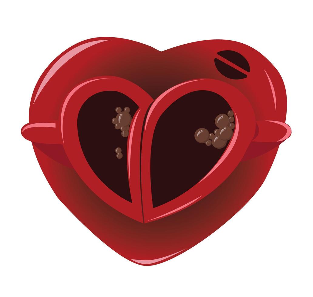 Romantic dating icon with two heart shaped red coffee cups. Vector illustration isolated on white background.