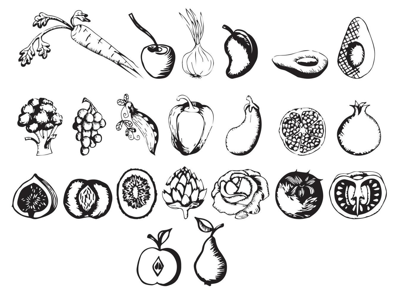 Monochrome hand drawn set of vegetables and fruits. Graphics. Vector stock illustration and isolated on white background.