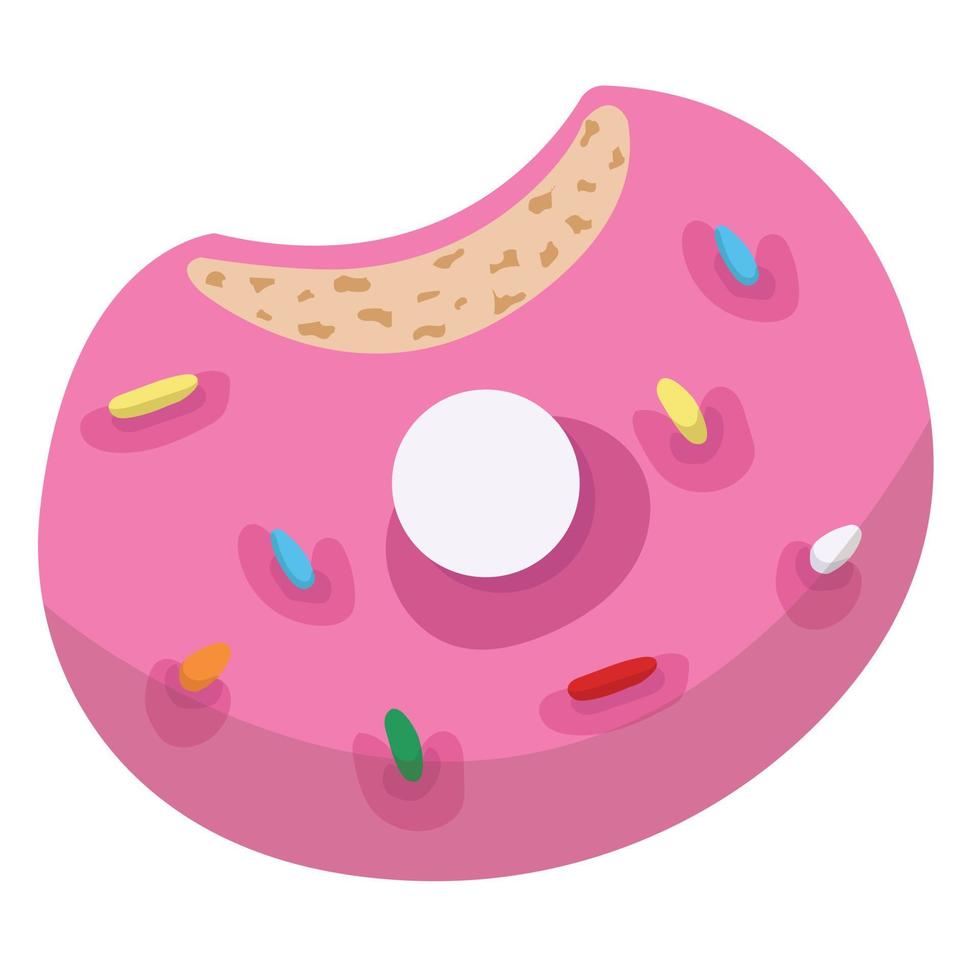 un donut mordido en glaseado rosa con coberturas multicolores. ilustración vectorial aislado sobre fondo blanco. vector