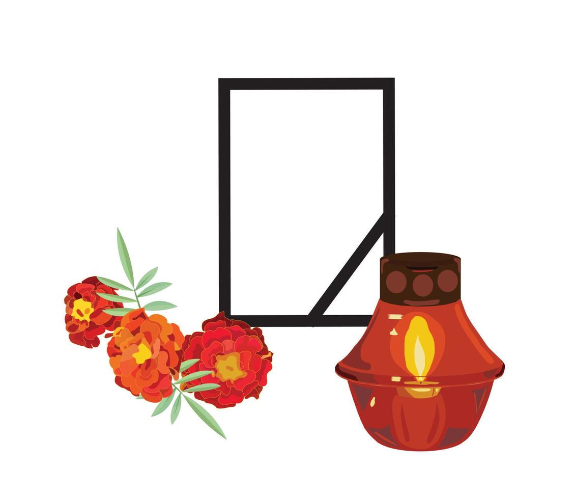 Funeral frame with a black ribbon, a burning candle in an icon lamp, a bouquet of orange marigold flowers, a symbol of the Mexican holiday Day of the Dead. vector