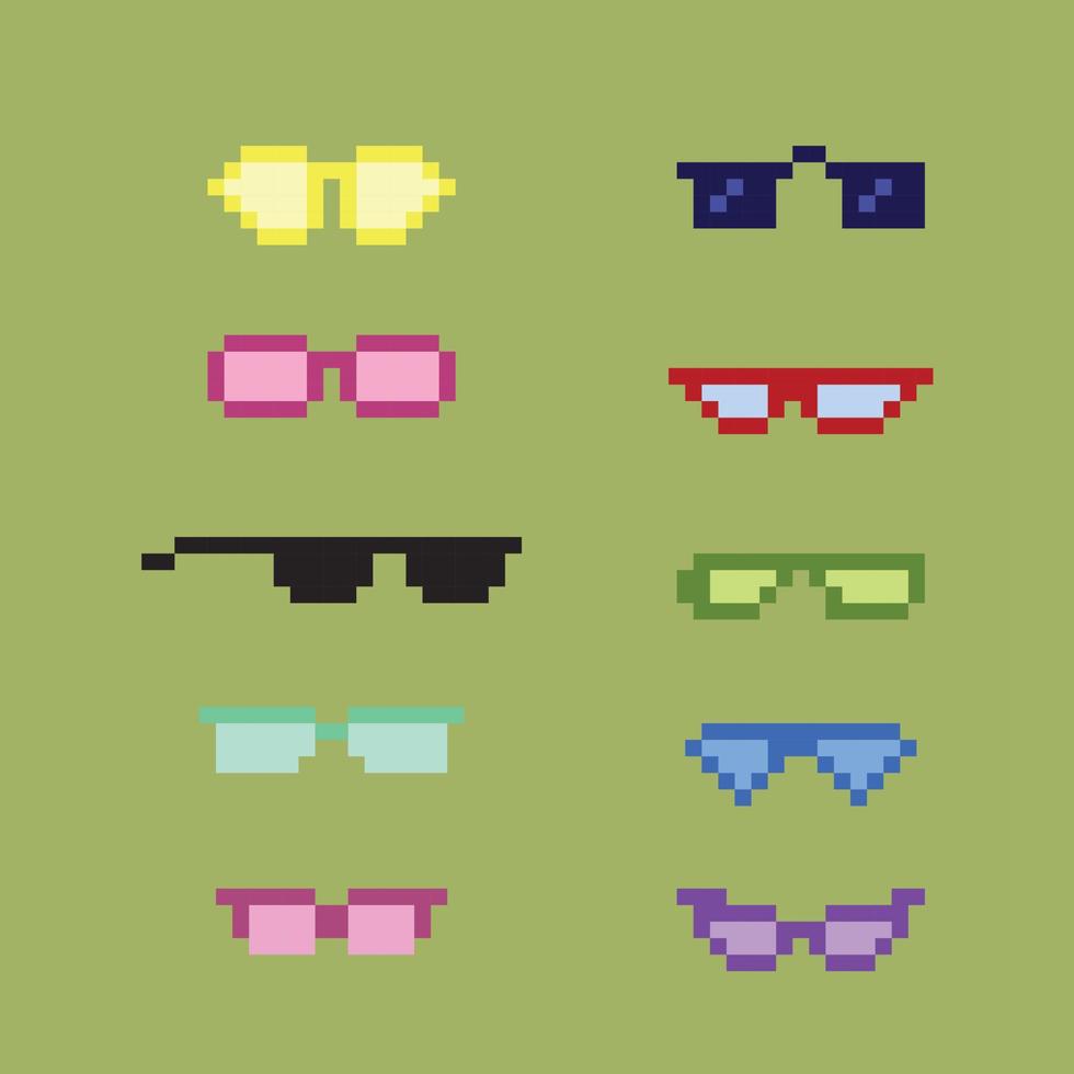 Pixel Art 8 bit sunglasses collections vector with solid color background