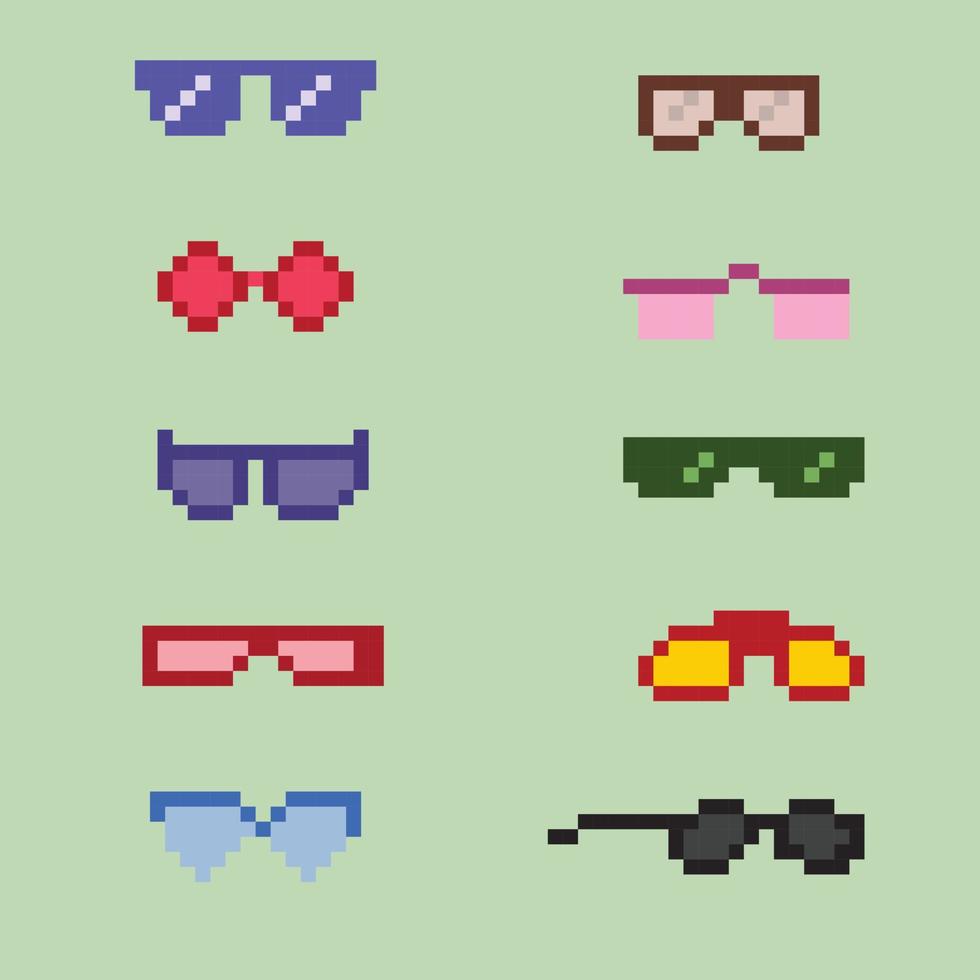 Pixel Art 8 bit sunglasses collections vector with solid color background