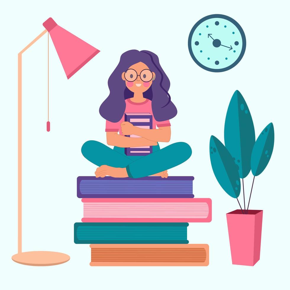 la niña está sentada en los libros. la niña está en la habitación. una mujer con gafas con un libro. ilustración plana vector