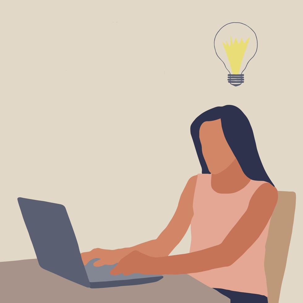 The freelancer girl is sitting and working at her laptop. Online work and training. vector
