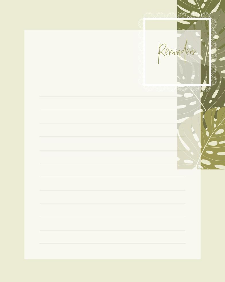 Reminder collage scrapbooking notes to do list planner, text, lined paper, lace frame and monstera. Vintage craft. vector