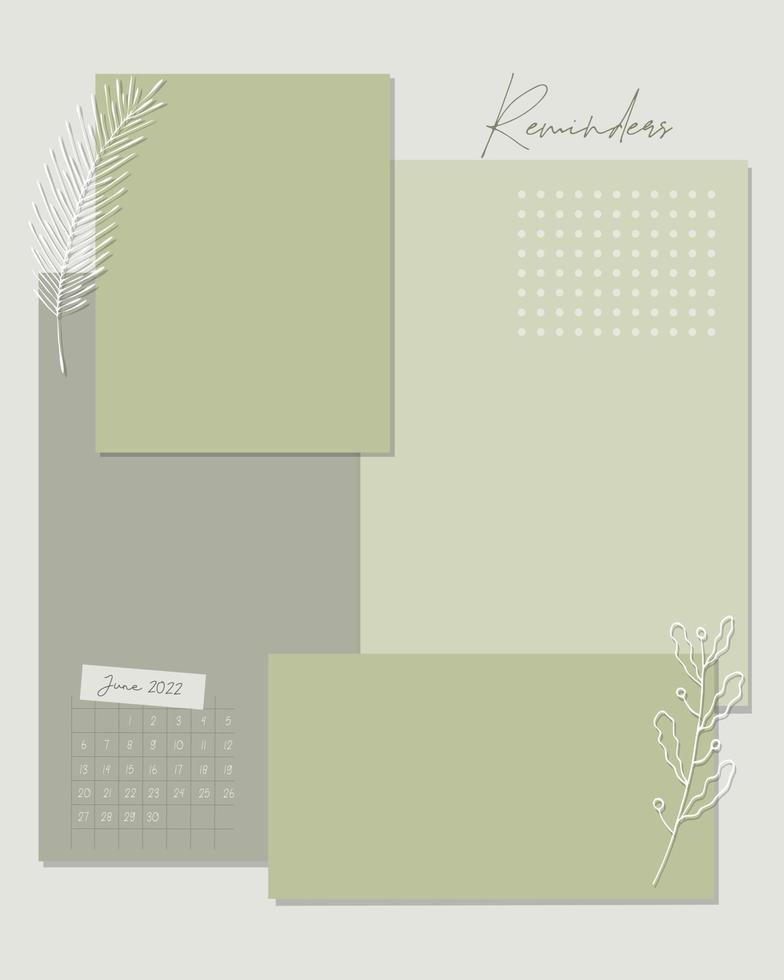 June 2022 Reminder template calendar. To-do list, scrapbooking, notes, plans, vintage style. vector