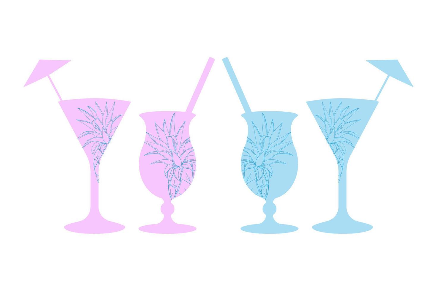 Cocktails summer silhouettes blue and pink with pineapple outline, hand drawn doodle, isolated, white background. vector