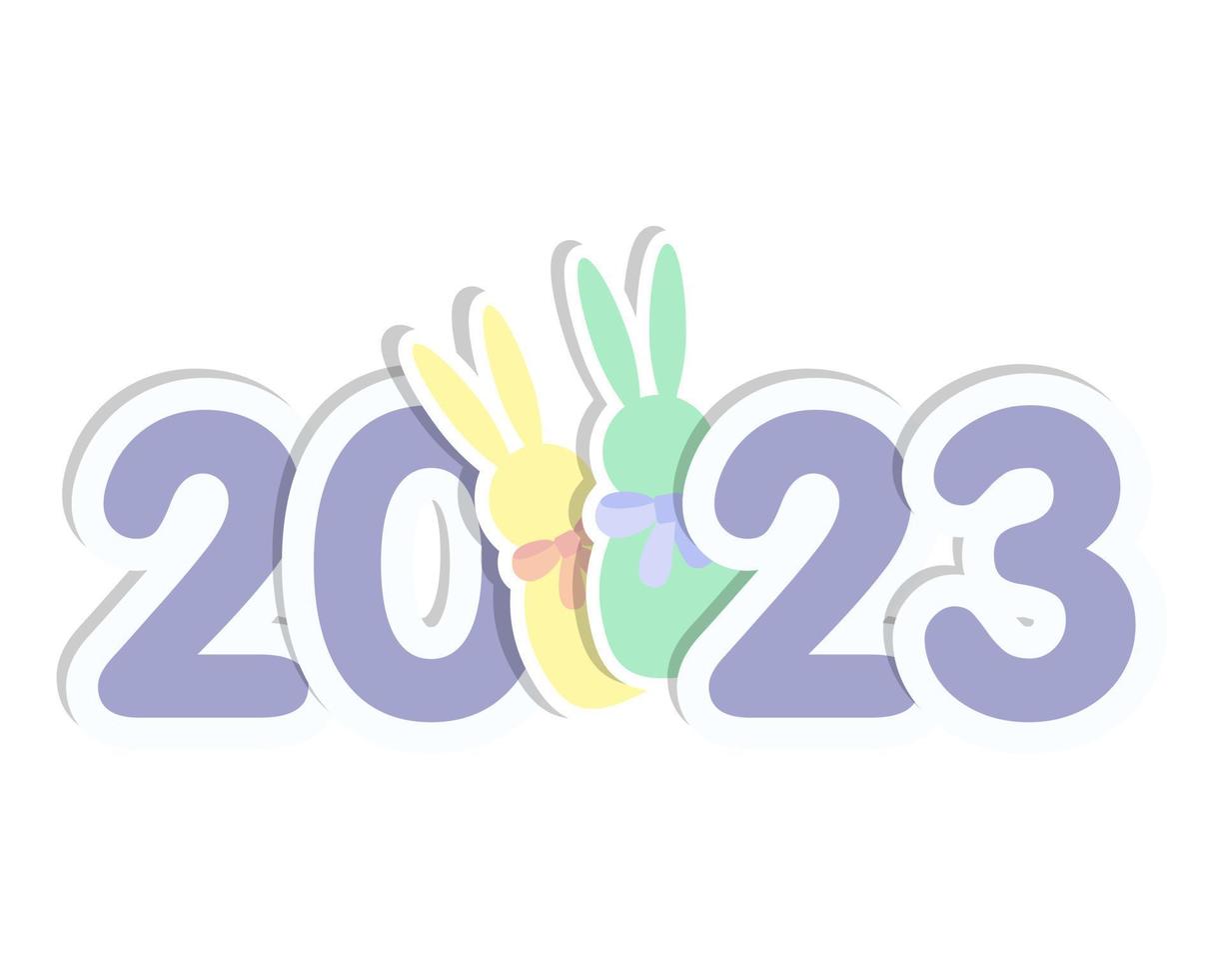 New Year 2023 sticker with numbers and rabbit, isolated, white background. vector