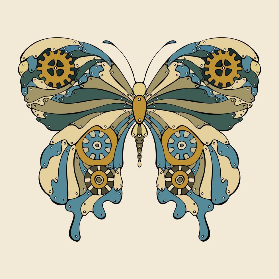 Steampunk butterfly doodle hand drawn fantastic mechanical, butterfly with gears. isolated. vector