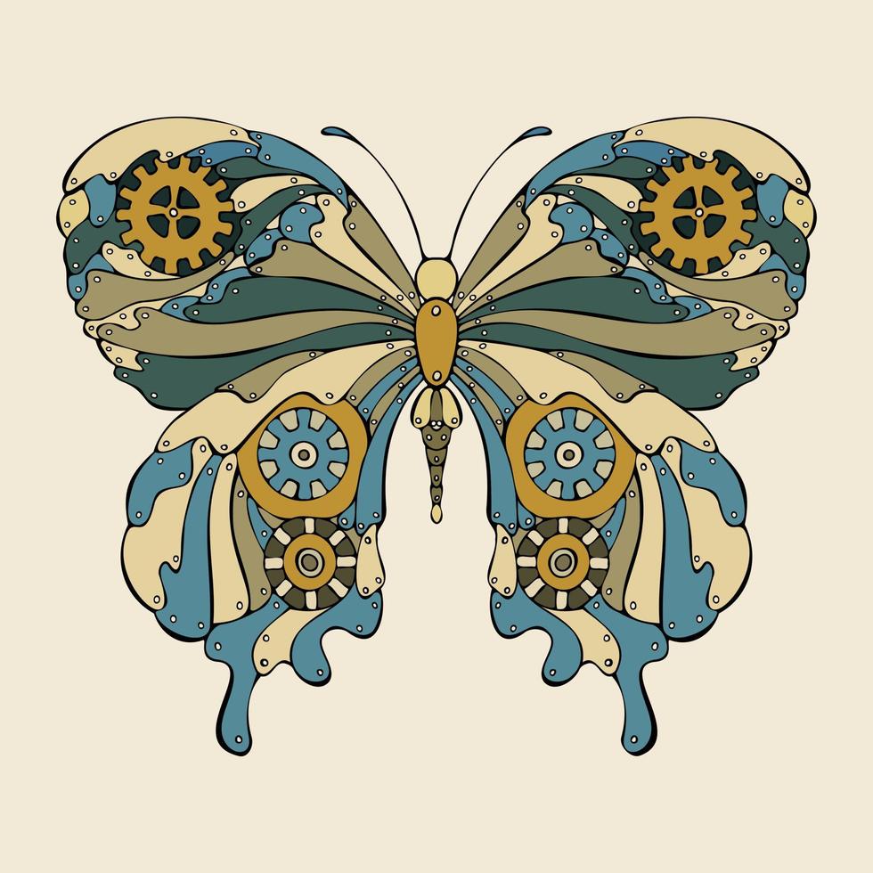 mariposa steampunk garabato dibujado a mano fantástico mecánico, mariposa con engranajes. aislado. vector