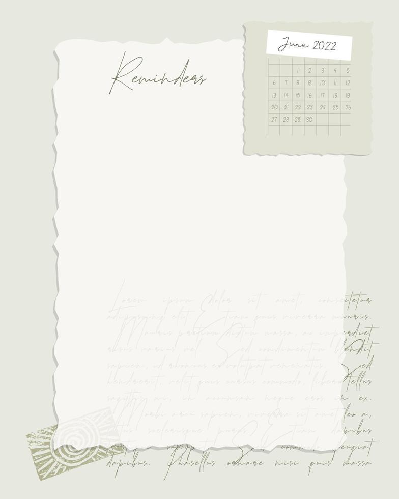 June 2022 Reminder template calendar. To-do list, scrapbooking, notes, stamp, vintage style. vector