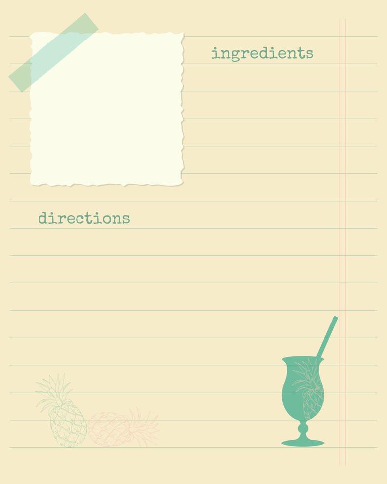 Recipe template blank vintage collage with pineapple and cocktail for notes vector