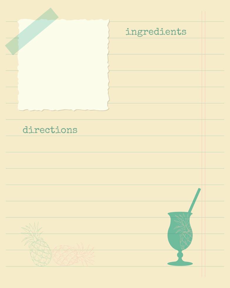 plantilla de receta collage vintage en blanco con piña y cóctel para notas vector