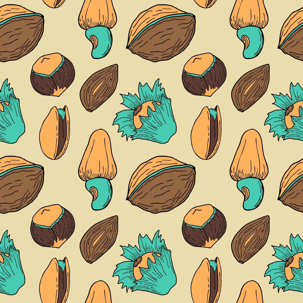 Pattern nuts hand drawn doodles pistachios almonds walnuts hazelnuts. vector
