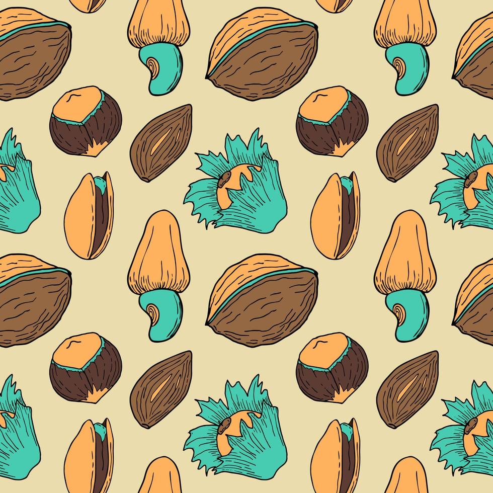 Pattern nuts hand drawn doodles pistachios almonds walnuts hazelnuts. vector