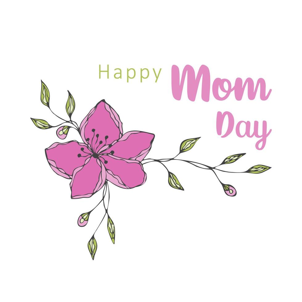 Happy mothers day lettering Mom Day with beautiful floral doodle hand drawing, isolated, white background. vector