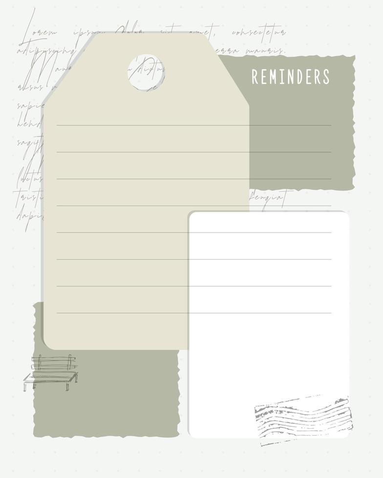 Collage reminder notes to do list planner, scrap of paper, newspaper with text Lorem Ipsum, lined paper, stamp imprint. Vintage craft. vector