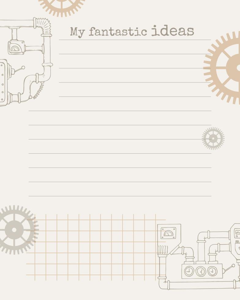 Template for notes My fantastic Ideas in steampunk doodle style, for notes, reminders, plans, ideas, schedule. vector