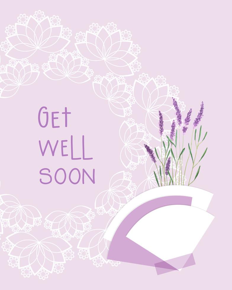 Get Well Soon collage pink postcard vintage style, lavender and lace doily, scrapbooking, for congratulations vector