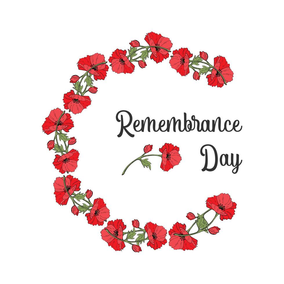 Remembrance Day poppy wreath card. So that we dont forget. Realistic red poppy flower - circle wreath of poppies vector