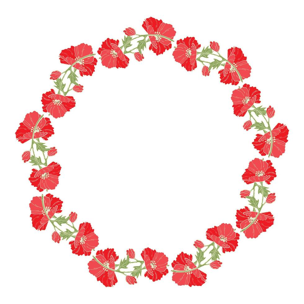 Poppy wreath. Flowers, buds and leaves of poppy in the form of a circle. Hand drawn color vector