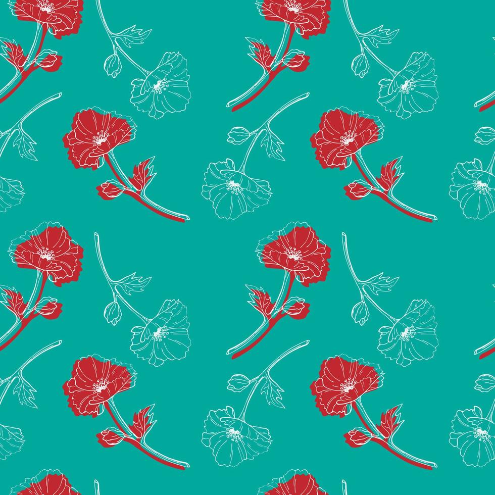 Seamless pattern blue background with red and blue flowers and leaves. Print with poppies. Vector illustration