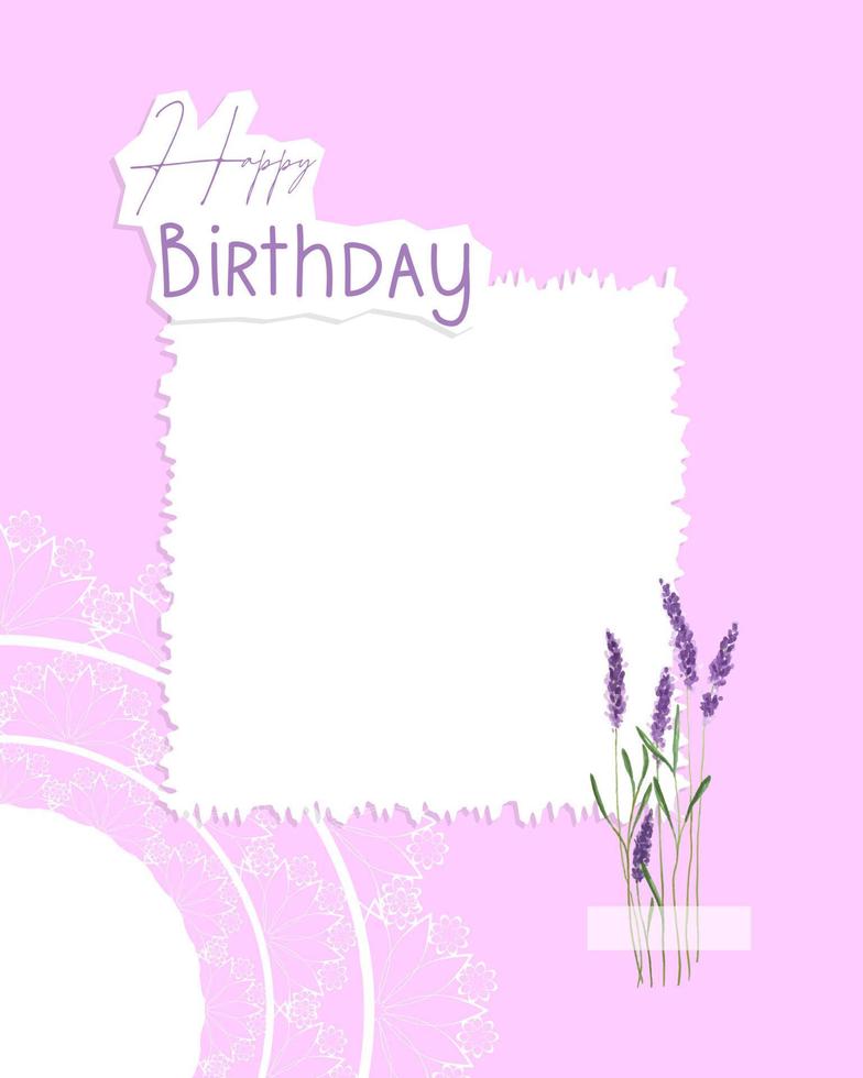 feliz cumpleaños collage rosa postal estilo vintage, lavanda y tapete de encaje, scrapbooking, para felicitaciones, lugar para insertar. vector