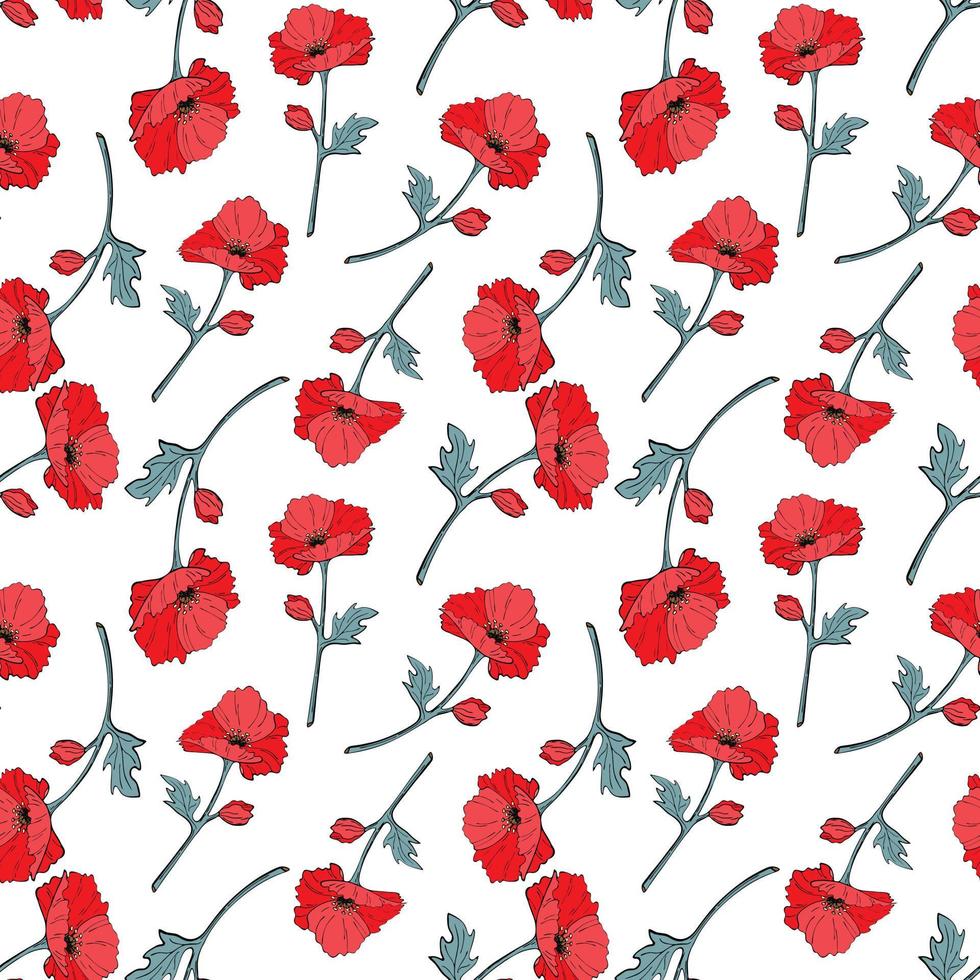 Seamless background with red and blue flowers and leaves. Print with poppies. Vector illustration
