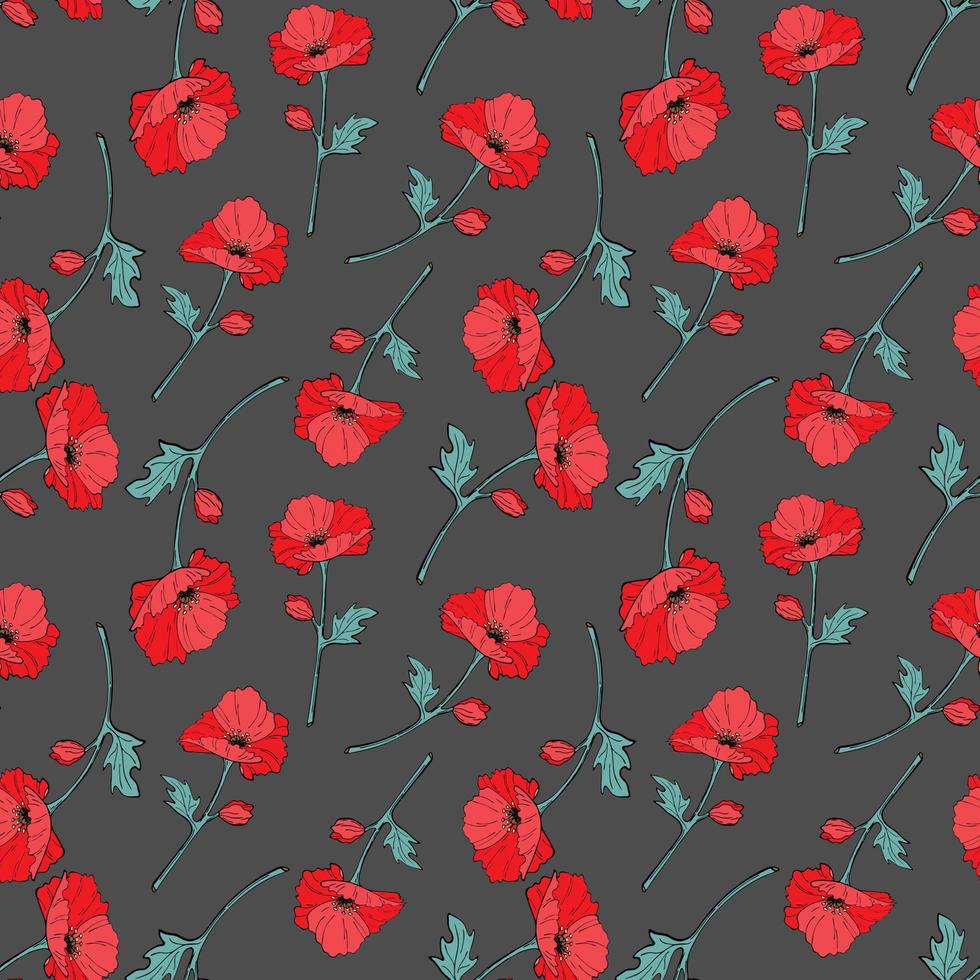 Seamless pattern grey background with red and blue flowers and leaves. Print with poppies. Vector illustration