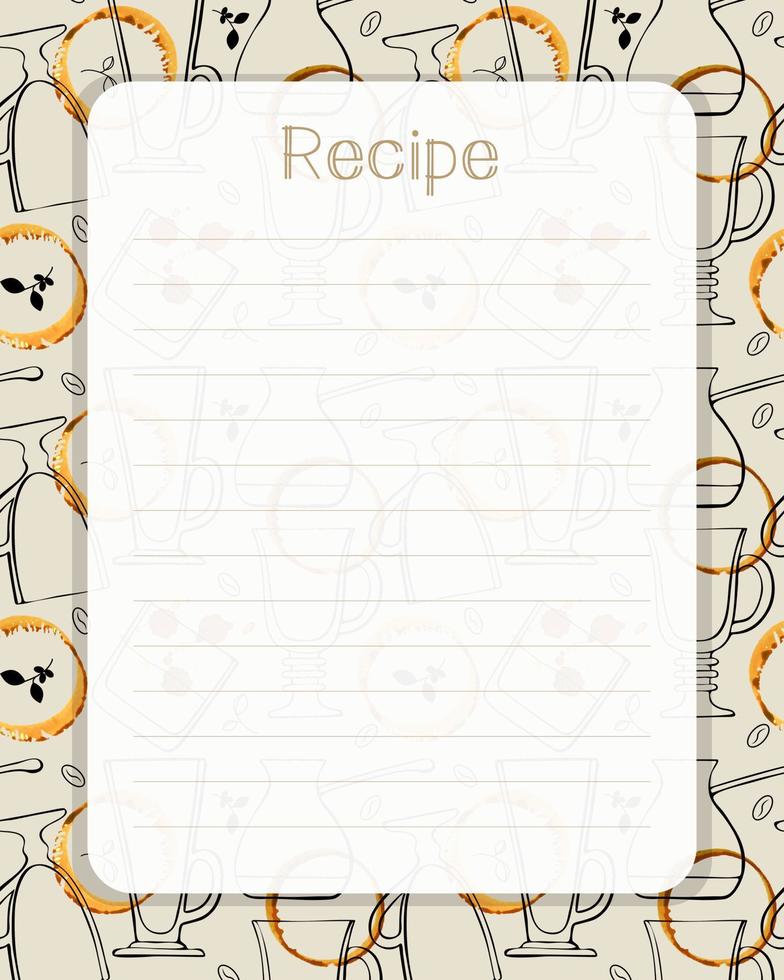 Recipe card lined blank template pattern with doodle glass, coffee, watercolor spot. vector