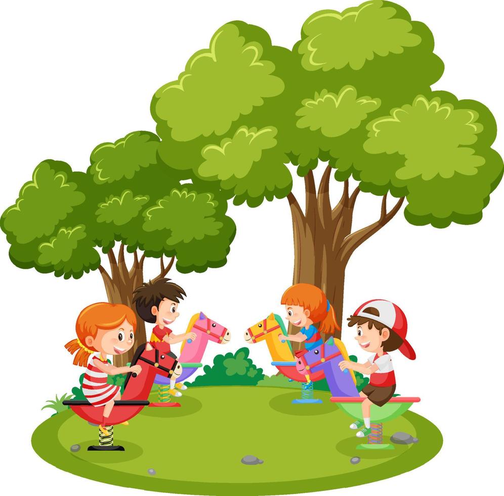 Children riding on spring rocking horse at the park vector