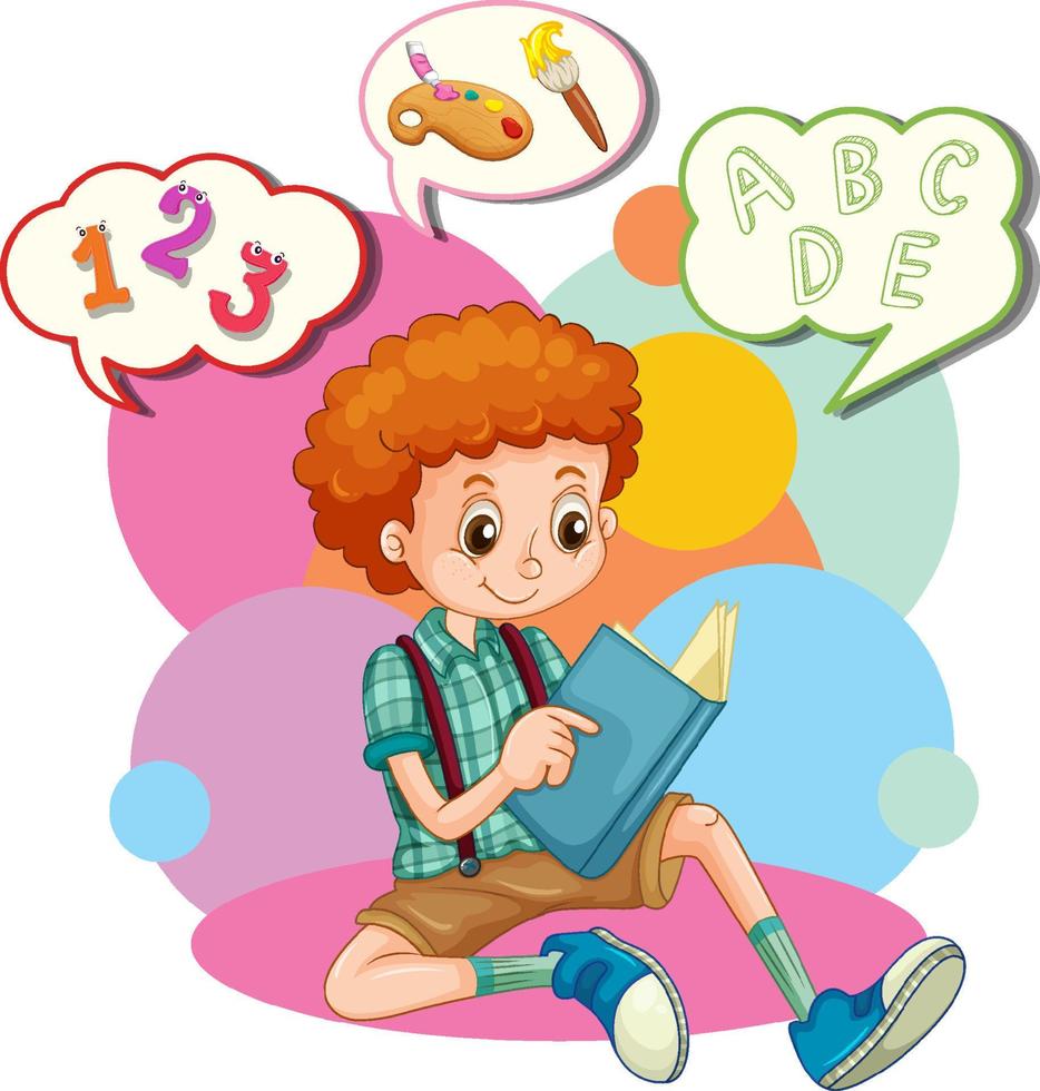 diseño de burbujas de discurso con libro de lectura de niño vector
