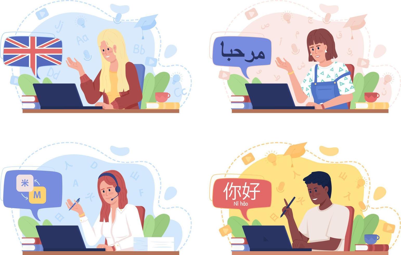 Speaking Foreign Language Fluently 2D Vector Isolated Illustration Set speaking-foreign-language-fluently-2d-vector-isolated-illustration-set