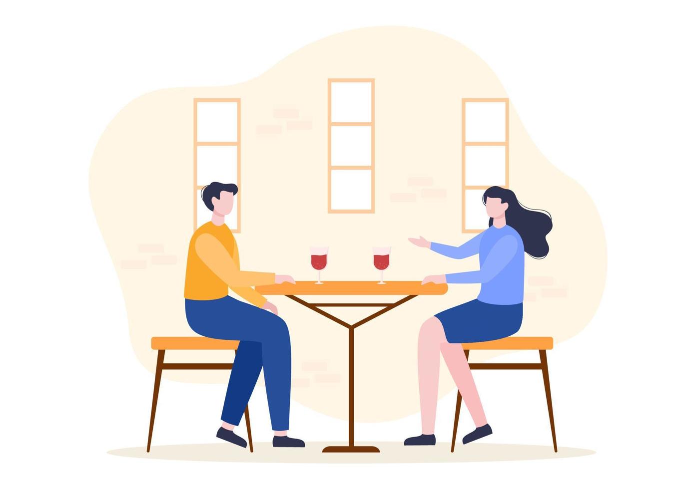 People Eating, Talking, Drinking and Working at Tables on Cafe or Restaurant in Flat Cartoon Illustration vector