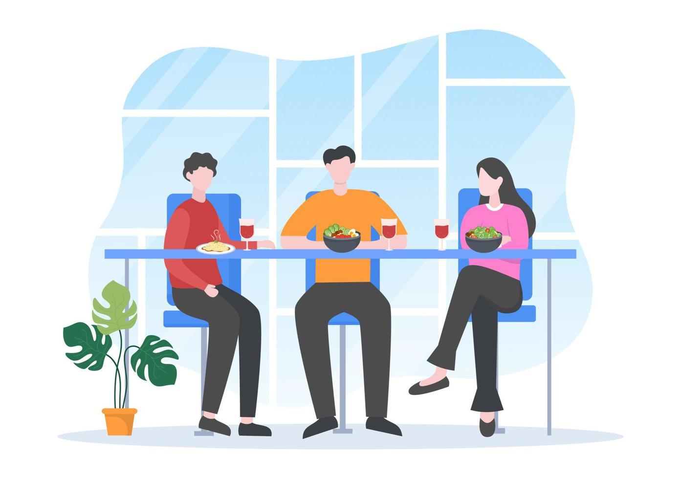 gente comiendo, hablando, bebiendo y trabajando en mesas en café o restaurante en ilustración de caricatura plana vector