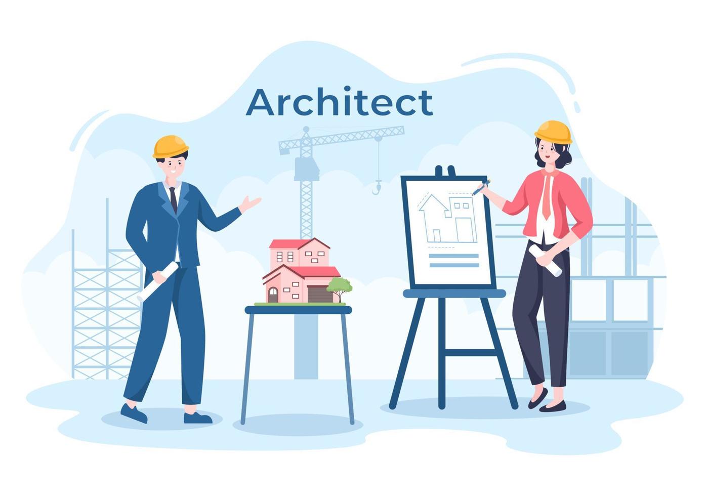 ilustración de dibujos animados de arquitecto o ingeniero usando una mesa de tablero multipropósito para dibujar construcciones de edificios y el concepto de miniaturas de proyectos vector
