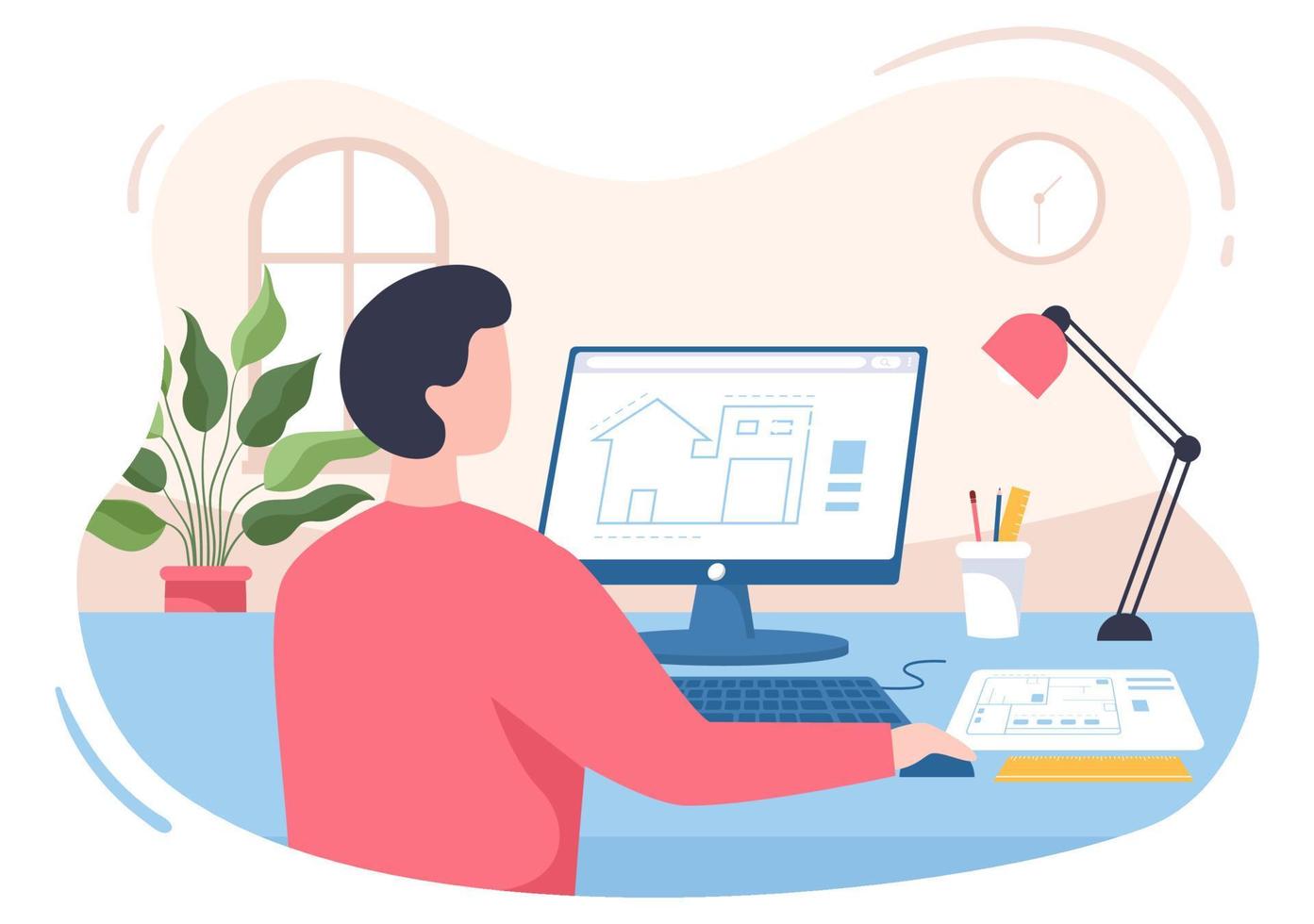 Architect or Engineer Cartoon Illustration using a Multipurpose Board Table to Sketch Building Constructions and Project Miniatures Concept vector