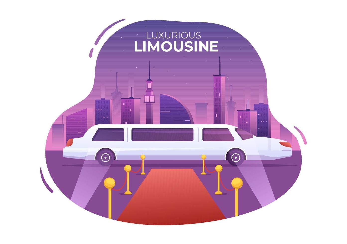 VIP Limousine Car of Red Carpet for Celebrity Superstar Walk with Night City Landscape View in Flat Cartoon Illustration vector