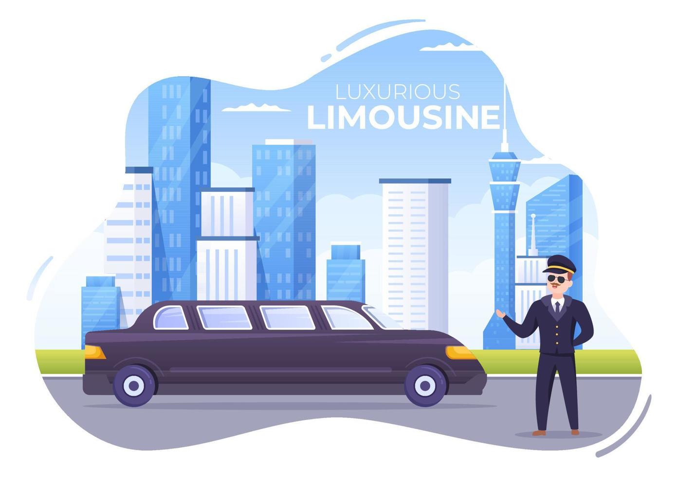 Limousine Car with City Urban View and Luxury Metropolis Concept in Flat Cartoon Illustration vector