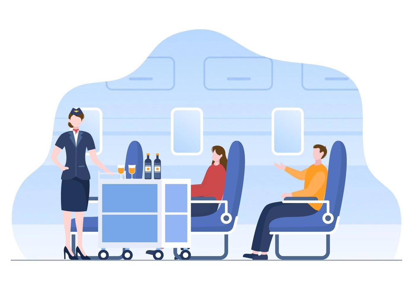 los asistentes de vuelo sirven a los pasajeros ofreciendo bebidas a bordo en la ilustración de vectores de dibujos animados