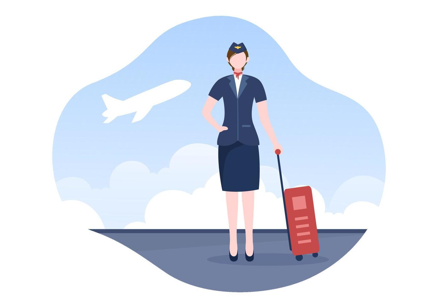 Stewardess or Air Hostess with Blue Uniform and Carry a Suitcase at Airport in Cartoon Vector Illustration