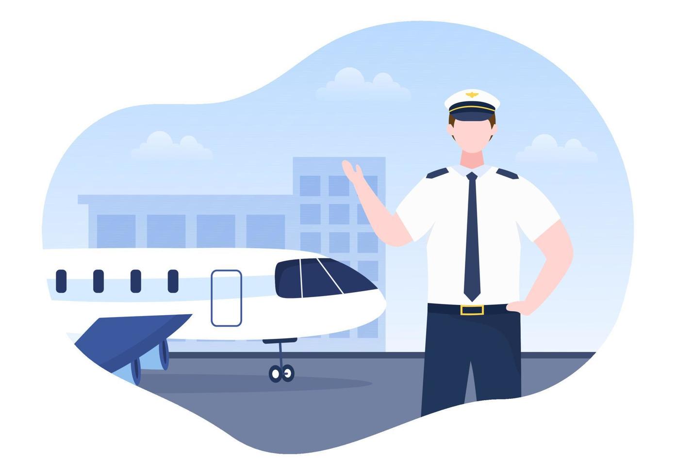 Pilot Cartoon Vector Illustration with Airplane, Air Hostess, City or Airport Background Design