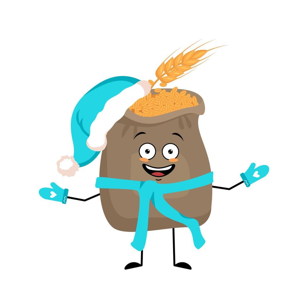 lindo saco de trigo y personaje de oreja en sombrero de santa con emoción feliz, cara, ojos sonrientes, brazos y piernas. cultivo de cereales con expresión facial y pose. ilustración plana vectorial vector