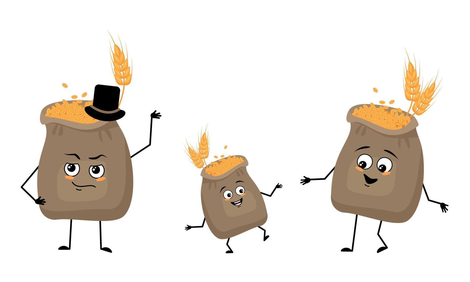 Family sack of wheat and ear character with happy emotions and poses, smile face, happy eyes, arms and legs. Mom is happy, dad is wearing hat and child with dancing pose. Vector flat illustration