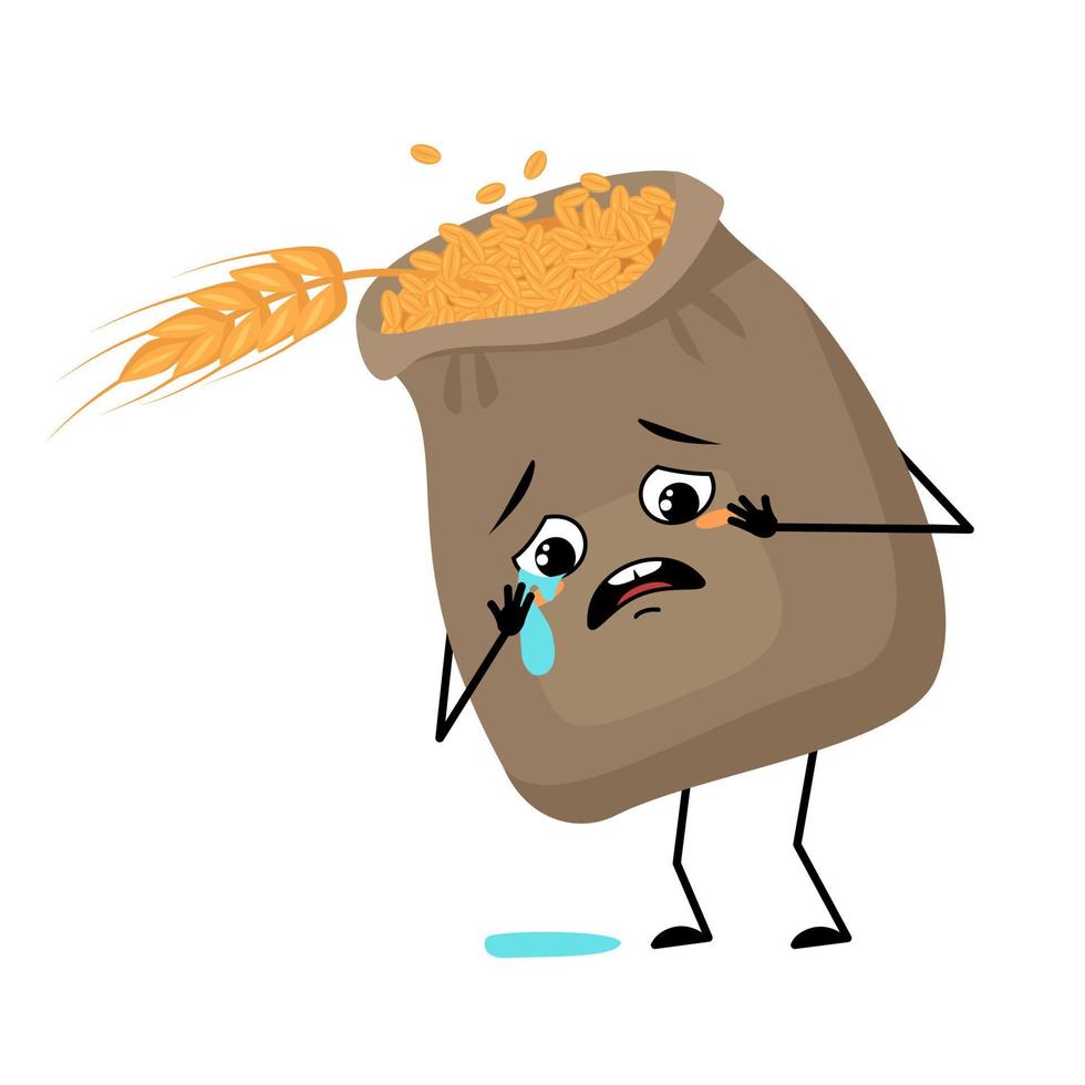 Cute sack of wheat and ear character with crying and tears emotion, sad face, depressive eyes, arms and legs. Cereal crop with melancholy facial expression and pose. Vector flat illustration