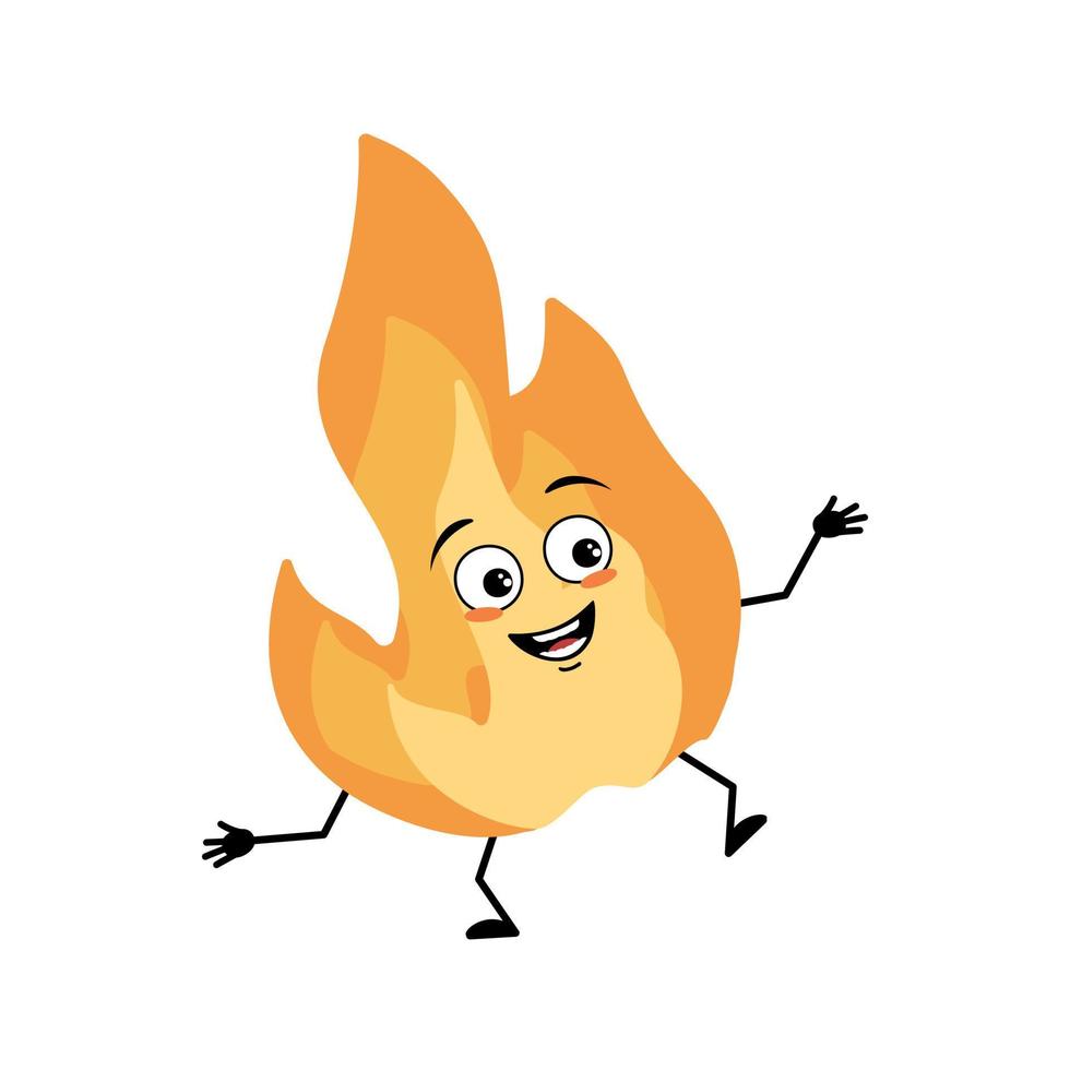 Cute flame character with happy emotions, joyful face, smile eyes, arms and legs. Fire man with funny expression, hot orange person. Vector flat illustration