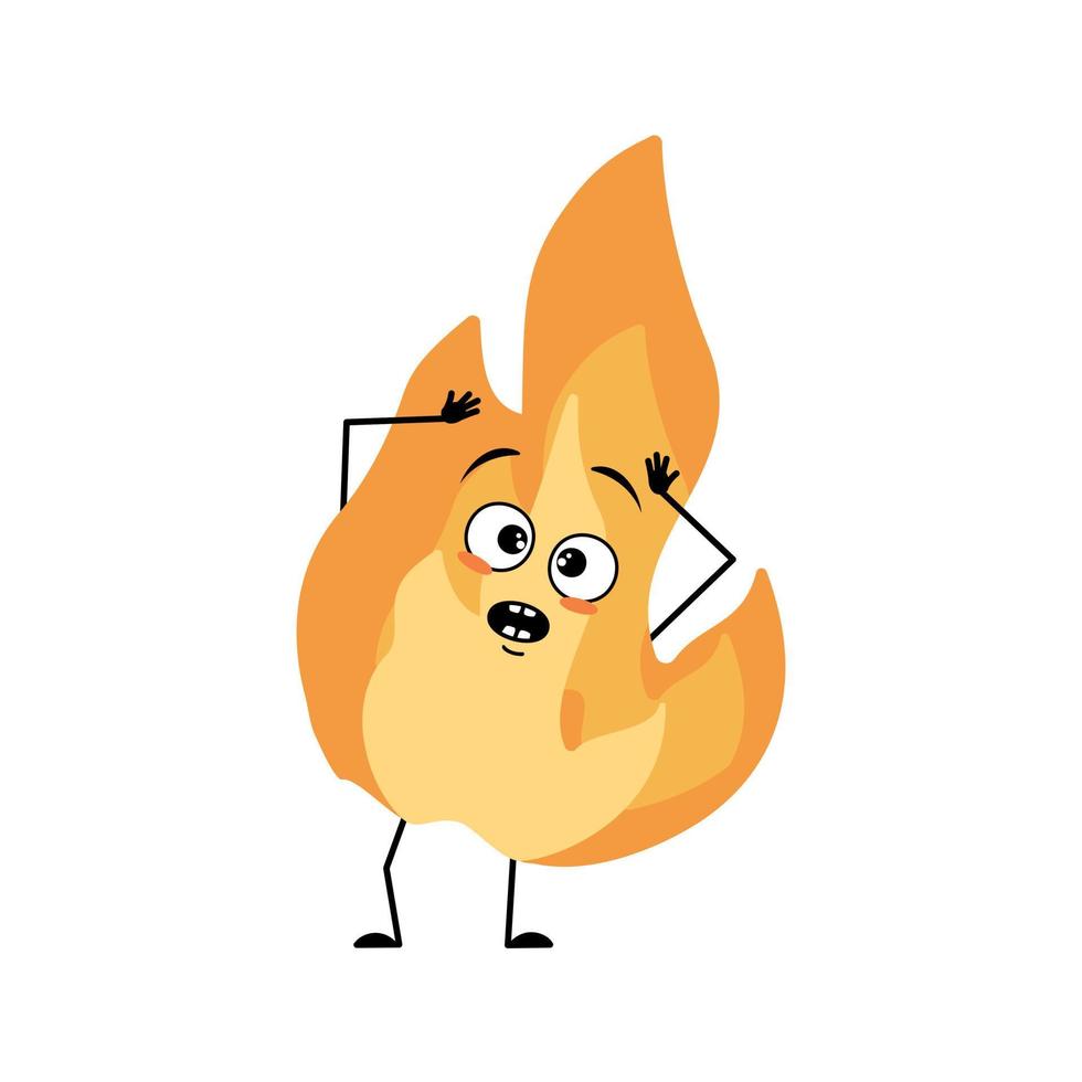 Cute flame character with panic emotions, surprised face, shocked eyes, arms and legs. Fire man with scared expression, hot orange person. Vector flat illustration