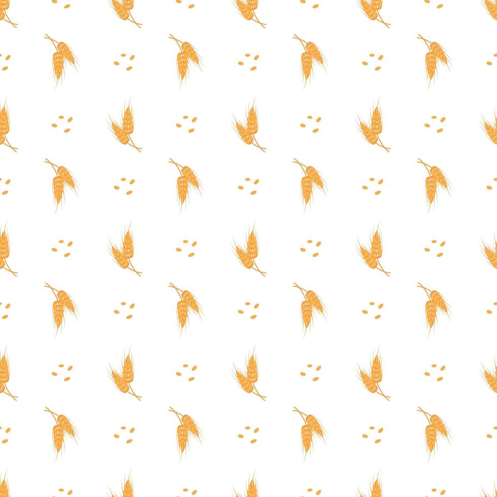 Seamless pattern with golden ear of wheat on white background. Print of grains for making flour, baking bread and other food. Vector flat illustration