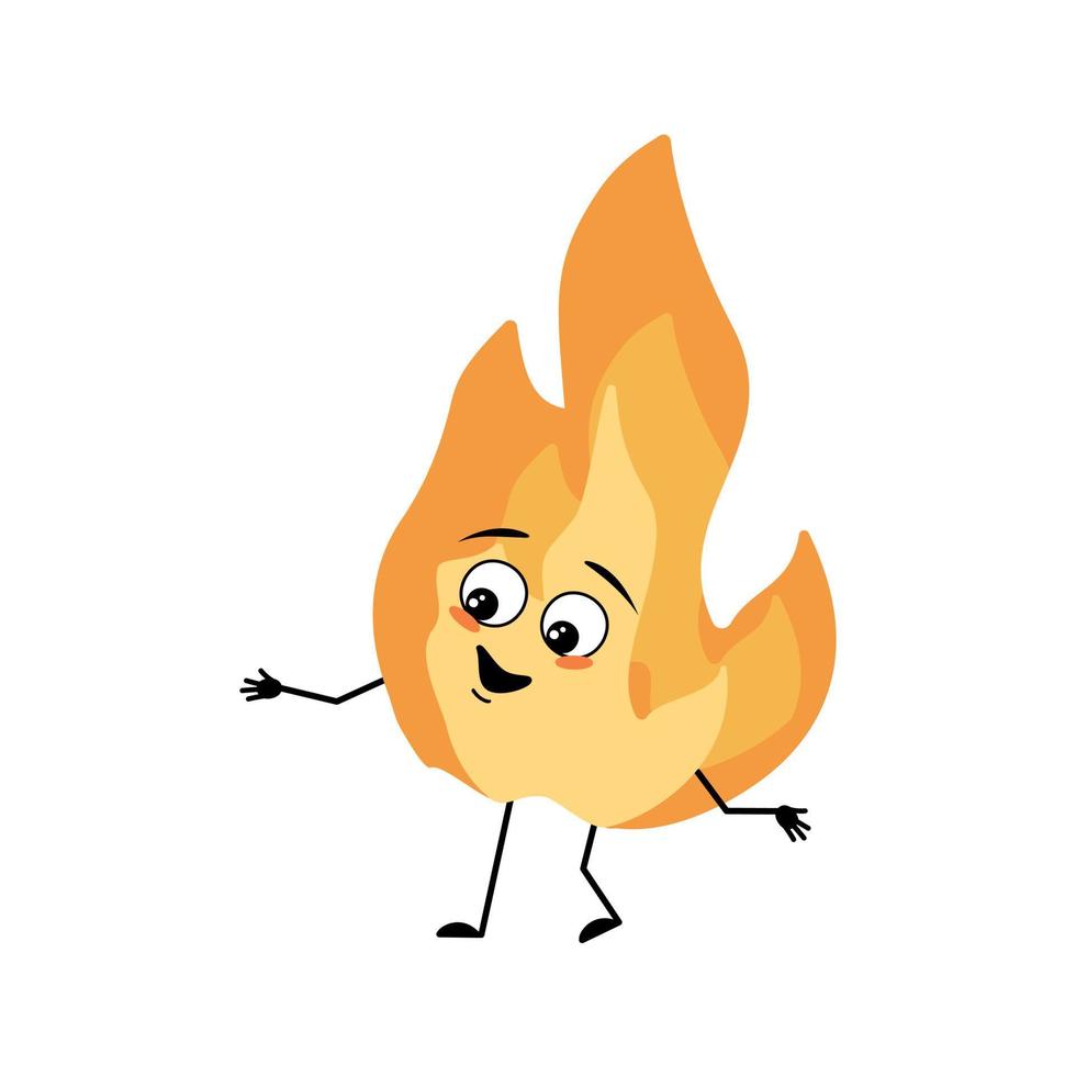 Cute flame character with happy emotions, joyful face, smile eyes, arms and legs. Fire man with funny expression, hot orange person. Vector flat illustration
