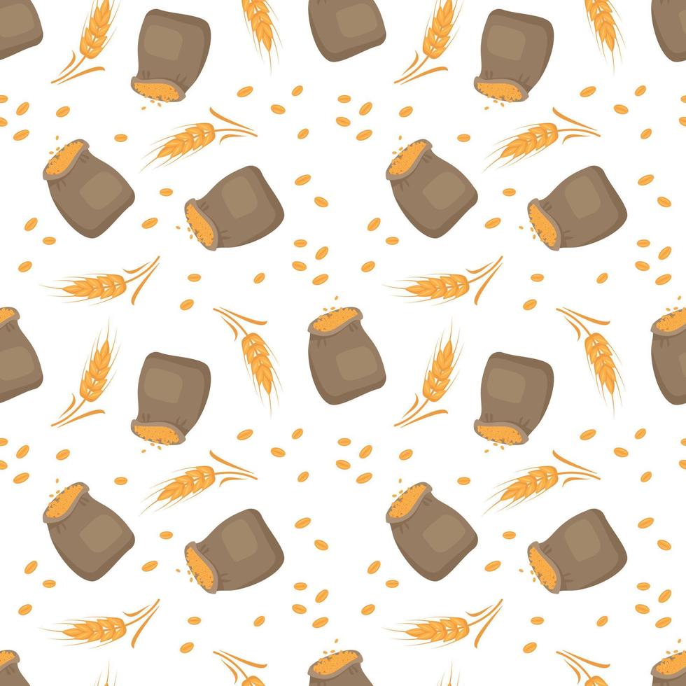 Seamless pattern with golden ear of wheat and sack on white background. Print grains for making flour and cereals, baking bread and other food products. Vector flat illustration
